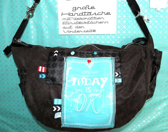große Handtasche - Wickeltasche genäht, Anthrazit-Mint-Sterne-Ornamente mit Bügelbild-Aufdruck, Webbändern, Reißverschluss, Innenfach mit Mesh